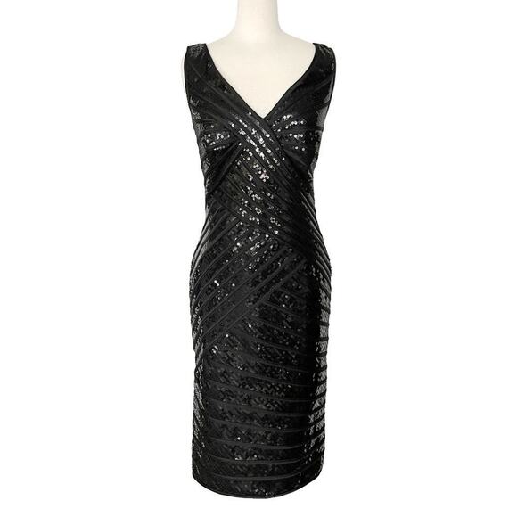 Tadashi Shoji Black Sequin Crisscross V-Neck Bodycon Cocktail Dress – Size 8 - Picture 2 of 7